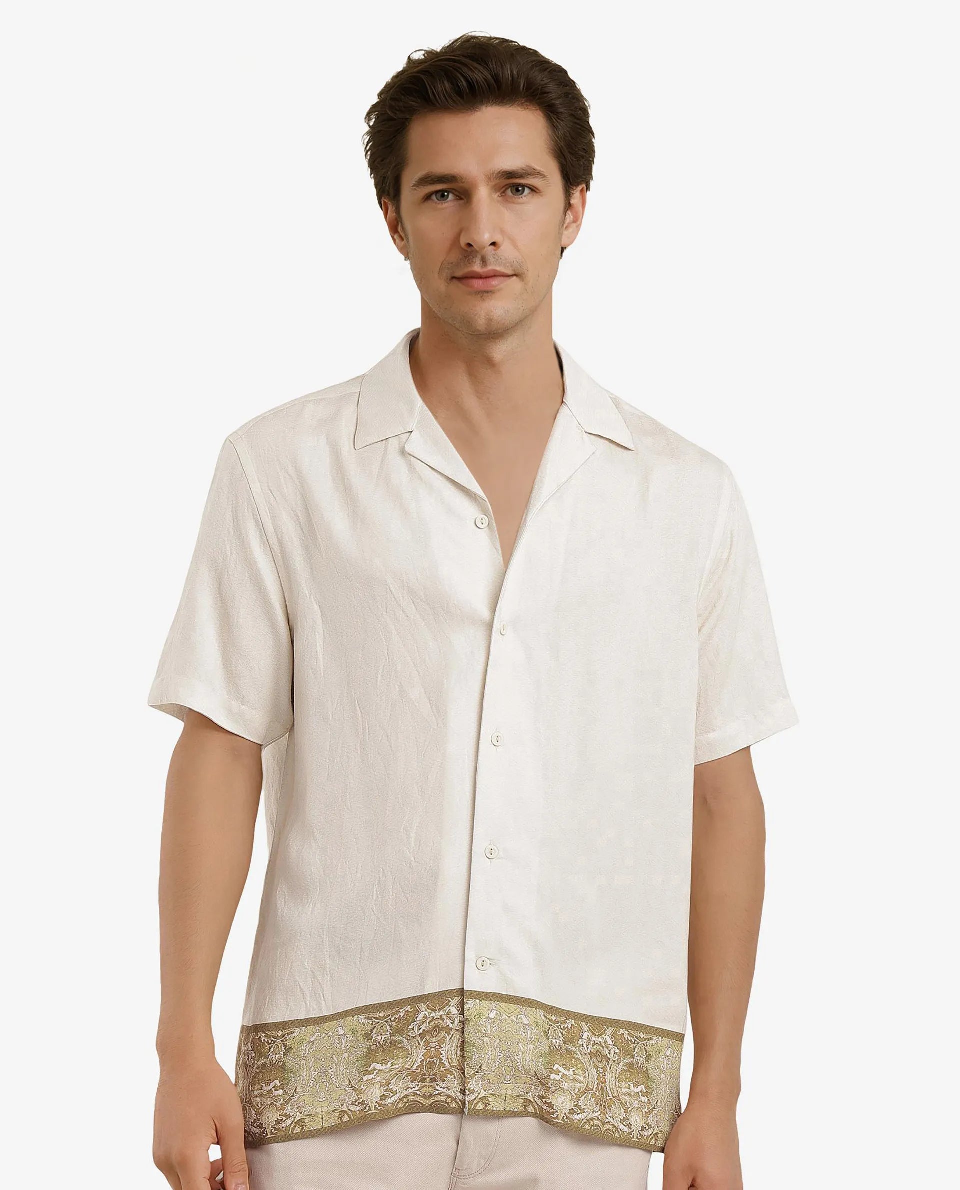 Casual Men's Button-Down ShirtsRare Rabbit Men Slick Beige Cuban Collar Short Sleeve Decorative Placement Print Boxy Fit Shirt Casual Men's Button-Down ShirtsRare Rabbit Men Slick Beige Cuban Collar Short Sleeve Decorative Placement Print Boxy Fit Shirt