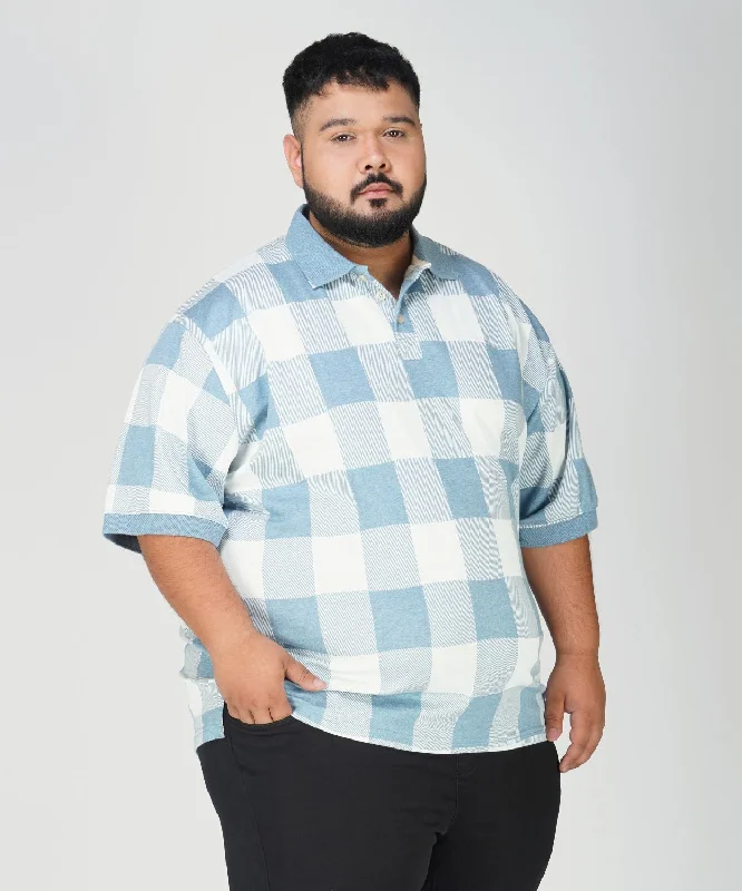 Men's Shirts with Velcro ClosuresPowder Blue Checkered Premium Polo T-shirt