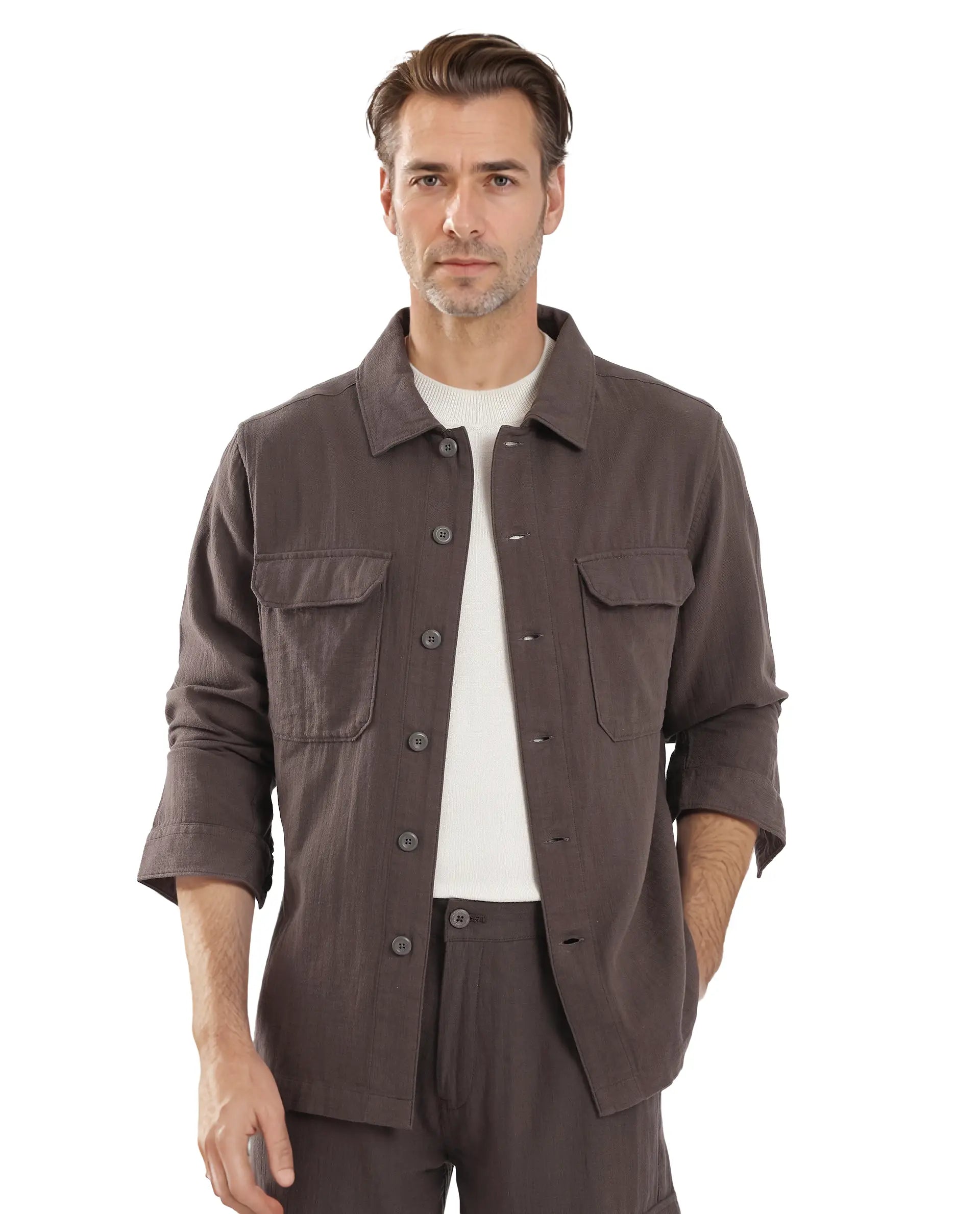 Men's Tab-Collar Shirts for a Crisp LookRare Rabbit Men Prest Dusky Brown Knitted Jacquard Fabric Two Front Flap Pocket Full Sleeve Regular Fit Shirt