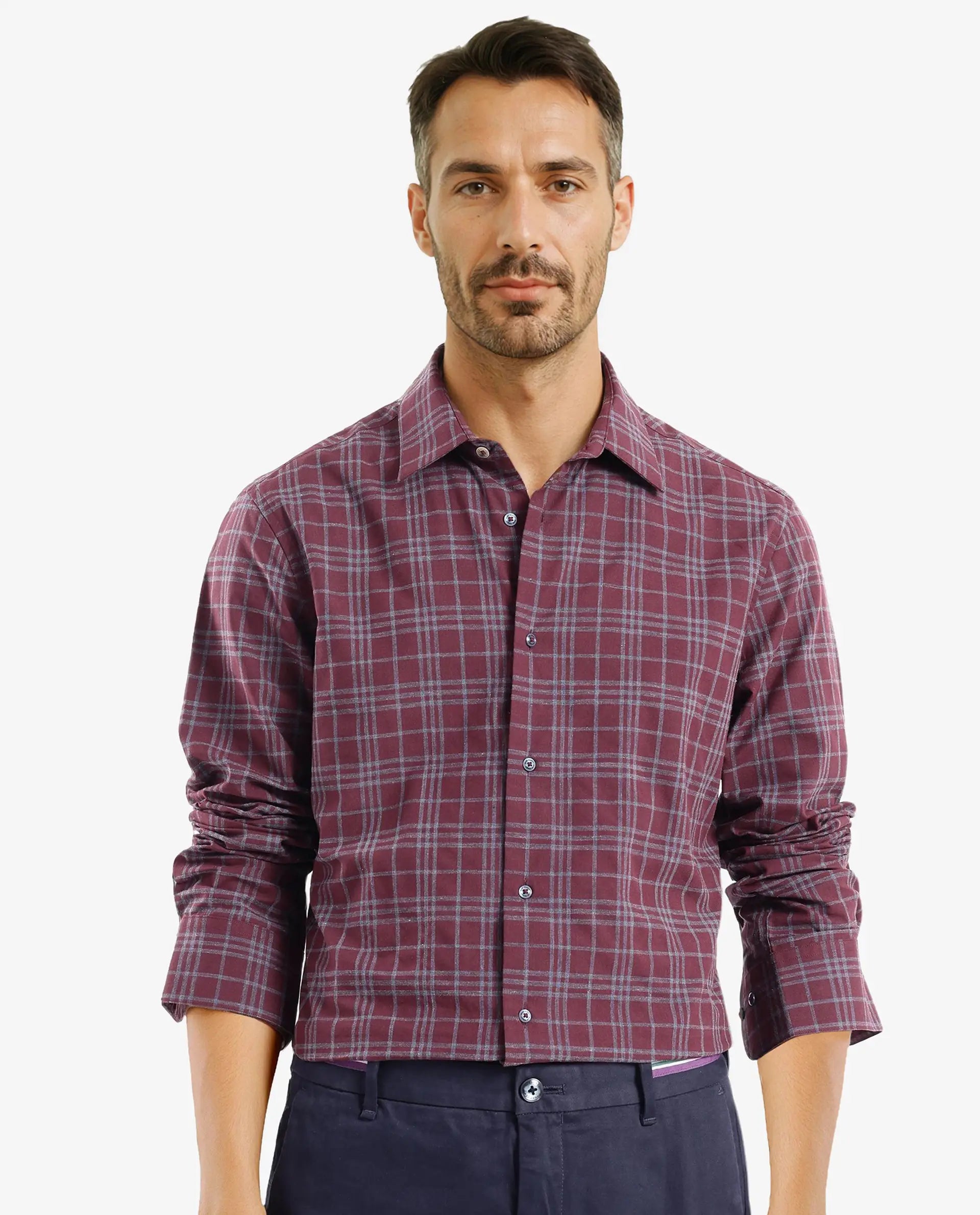 Men's Collared Shirts for Formal OccasionsRare Rabbit Men Revers Maroon Cotton Fabric Regular Collar Full Sleeve Regular Fit Check Shirt Men's Collared Shirts for Formal OccasionsRare Rabbit Men Revers Maroon Cotton Fabric Regular Collar Full Sleeve Regular Fit Check Shirt