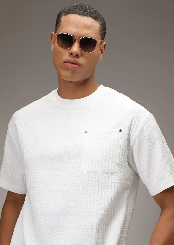 Men's Three-Quarter Sleeved TopsWhite Textured Oversized T-shirt