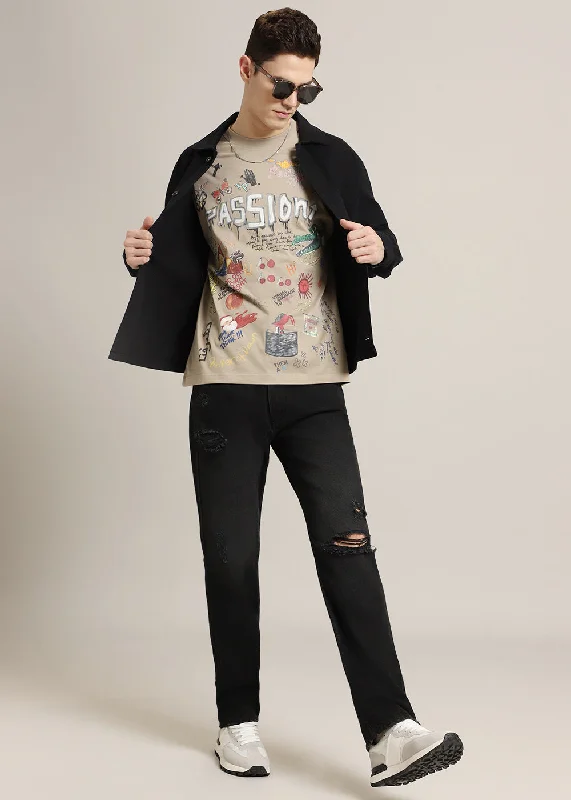 Men's Shirts with Chest PocketsPassion Beige Printed Oversized T-shirt