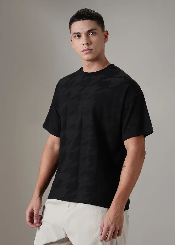 Men's Shirts with Mandarin CollarsHerringbone Pattern Black Oversized T-shirt