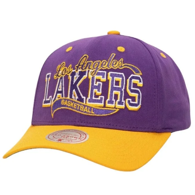 Reversible Bucket HatsMitchell & Ness Los Angeles Lakers Block Sweep Pro Adjustable Hat (Purple)