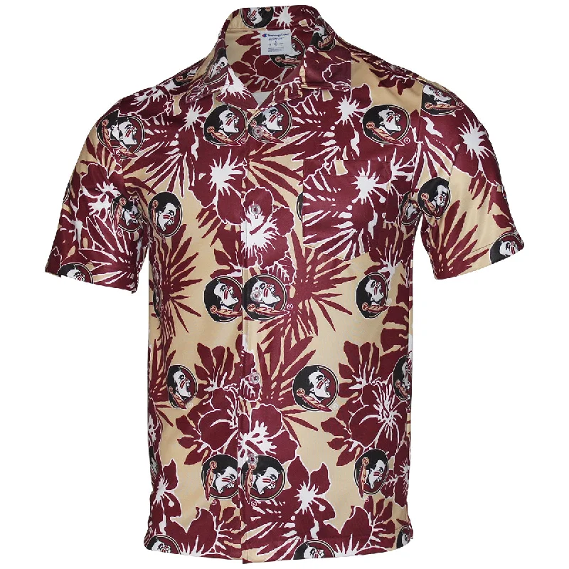 Men's Shirts with Geometric PatternsChampion Men's Seminole Logo Sublimated Hawaiian Print Short Sleeve Woven Button Up - Garnet/Gold