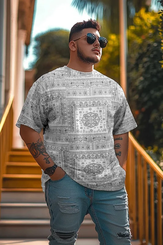 Men's Shirts with Elastic WaistbandsPaisley White Oversized Plus Size All Over Printed Tshirt Men's Shirts with Elastic WaistbandsPaisley White Oversized Plus Size All Over Printed Tshirt