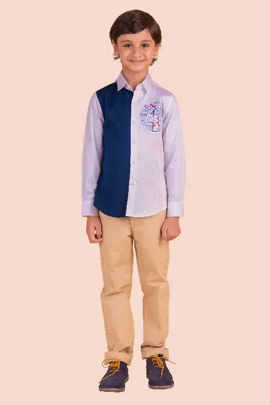 Men's Denim Shirts for a Rugged LookPre-Order: Shirt with Colourful Panelling and Light House Embroidery Men's Denim Shirts for a Rugged LookPre-Order: Shirt with Colourful Panelling and Light House Embroidery