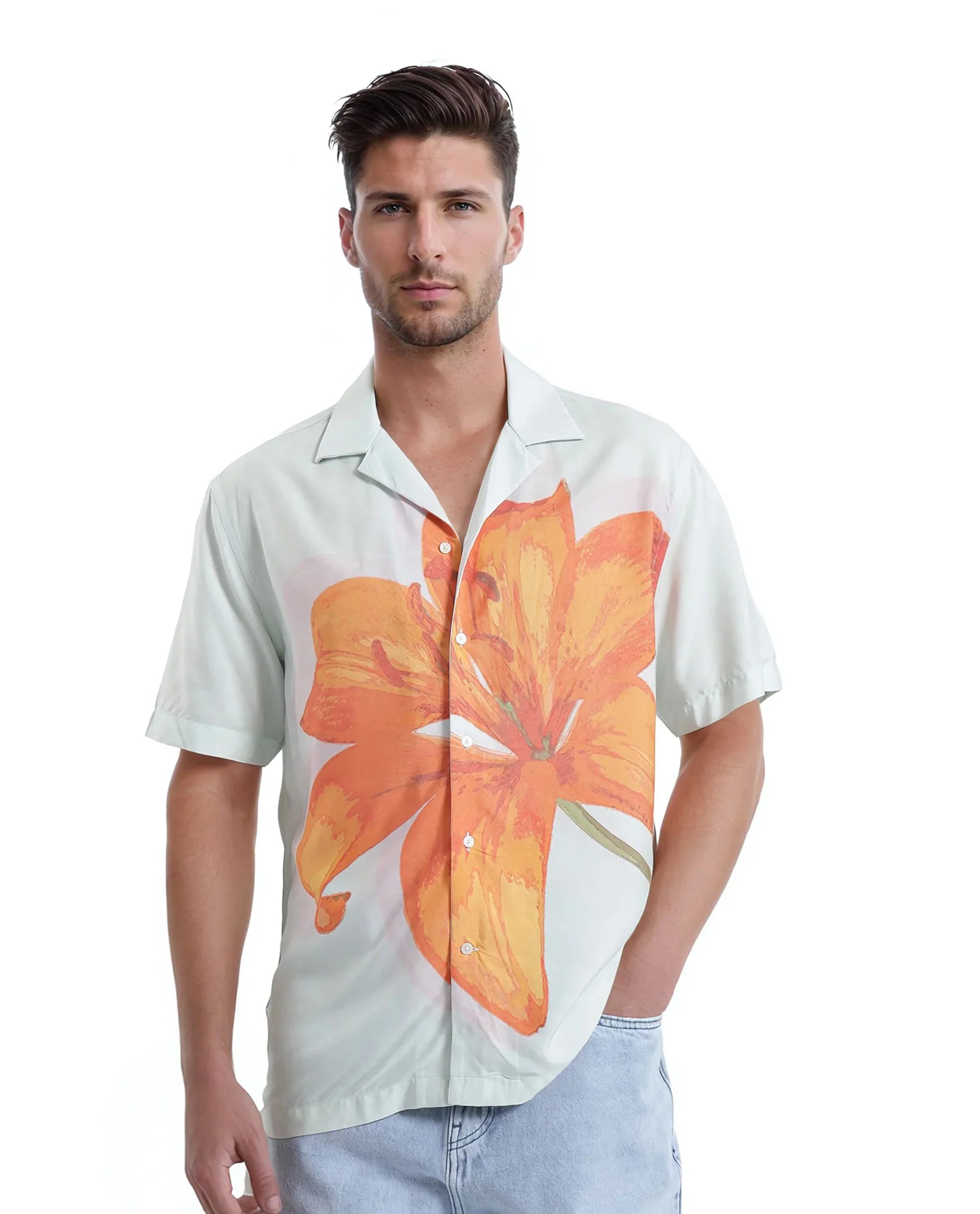 Versatile Men's Short-Sleeve ShirtsRare Rabbit Men's Gacrux Pastel Green Cotton Fabric Short Sleeve Cuban Collared Button Closure Floral Placement Print Shirt