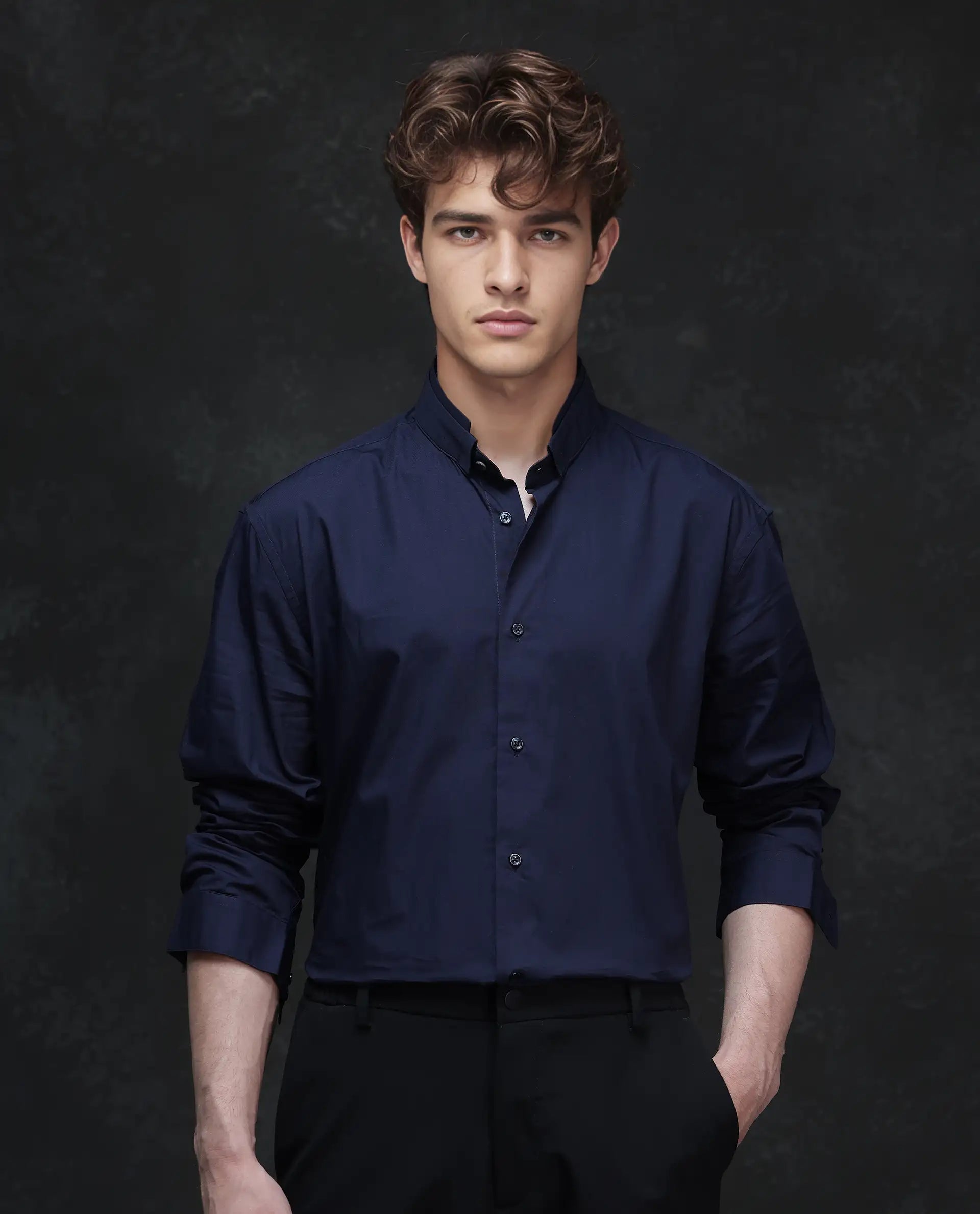 Men's Skinny-Fit Shirts for a Trendy LookRare Rabbit Men Garry Navy Cotton Fabric Full Sleeves Mandarin Collar Relaxed Fit Plain Shirt Men's Skinny-Fit Shirts for a Trendy LookRare Rabbit Men Garry Navy Cotton Fabric Full Sleeves Mandarin Collar Relaxed Fit Plain Shirt