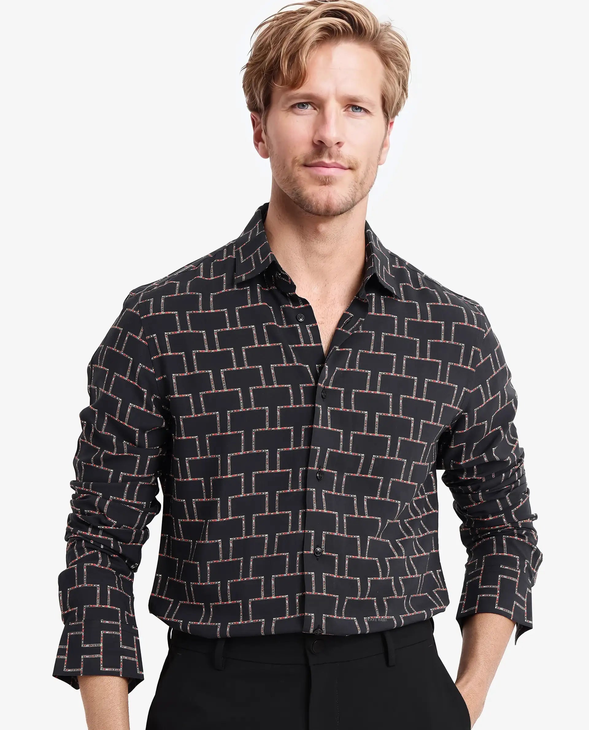 Men's Geometric Print Shirts for a Modern TwistRare Rabbit Men Wels Black Viscose Fabric Full Sleeve Regular Fit Geometric Print Shirt Men's Geometric Print Shirts for a Modern TwistRare Rabbit Men Wels Black Viscose Fabric Full Sleeve Regular Fit Geometric Print Shirt
