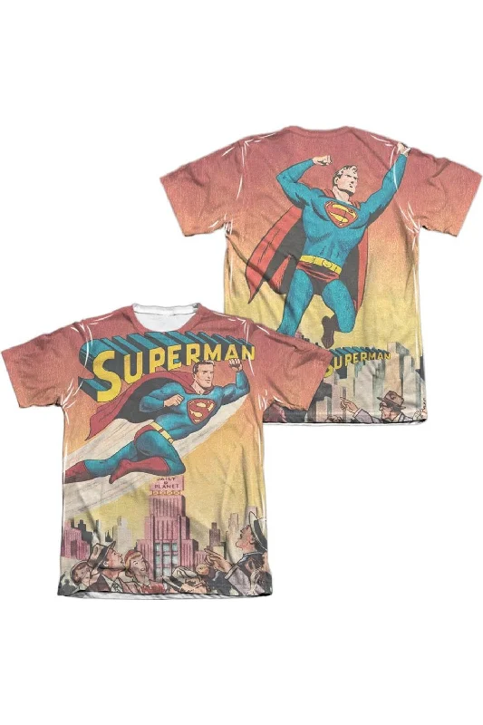 Men's Shirts with Adjustable HemlinesSuperman City Flying (Front/Back Print) Adult Poly/Cotton Short Sleeve Tee / T-Shirt Men's Shirts with Adjustable HemlinesSuperman City Flying (Front/Back Print) Adult Poly/Cotton Short Sleeve Tee / T-Shirt