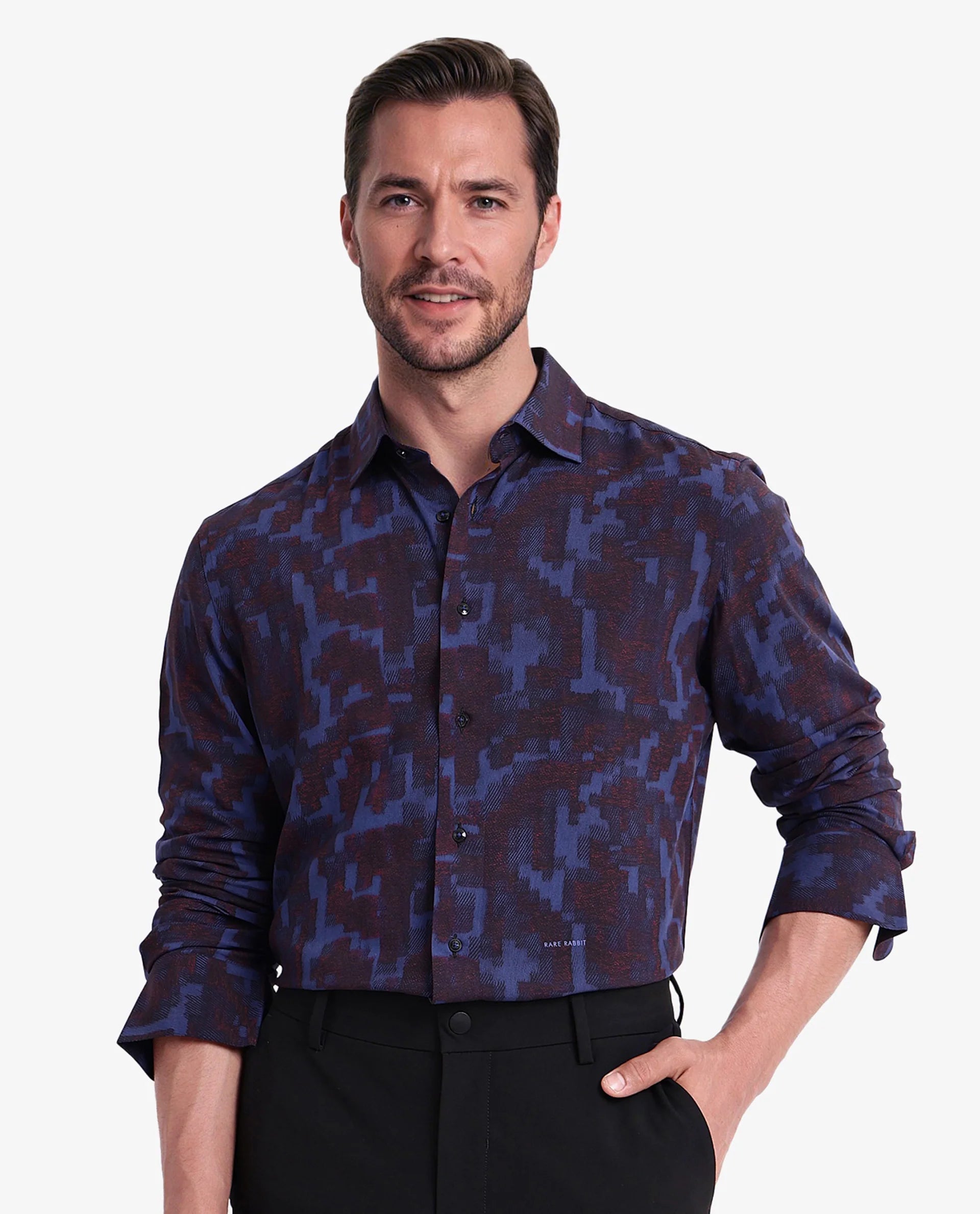 Men's Tailored Shirts for a Sharp AppearanceRare Rabbit Men Zlata Navy Cotton Full Sleeve Regular Collar Button Closure Regular Fit Abstract Print Shirt Men's Tailored Shirts for a Sharp AppearanceRare Rabbit Men Zlata Navy Cotton Full Sleeve Regular Collar Button Closure Regular Fit Abstract Print Shirt