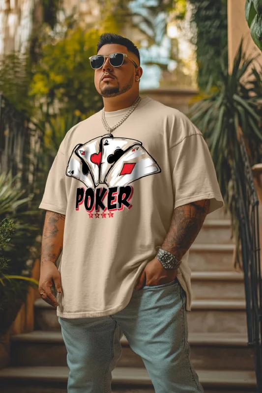 Men's Shirts with Raw-Edge HemlinesPOKER Beige Oversized Plus Size Front Graphic Printed Tshirt Men's Shirts with Raw-Edge HemlinesPOKER Beige Oversized Plus Size Front Graphic Printed Tshirt