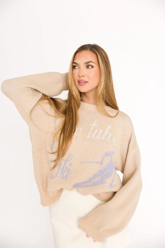 Men's Sweaters with Set-In SleevesLake Tahoe Ski Graphic Oversized Sweater in Beige