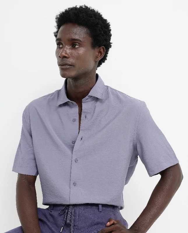 Men's Dressy Casual Shirts for Smart-Casual EventsRare Rabbit Men's Flo Dusky Purple Viscose Fabric Half Sleeves Boxy Fit Creased Effect Solid Shirt