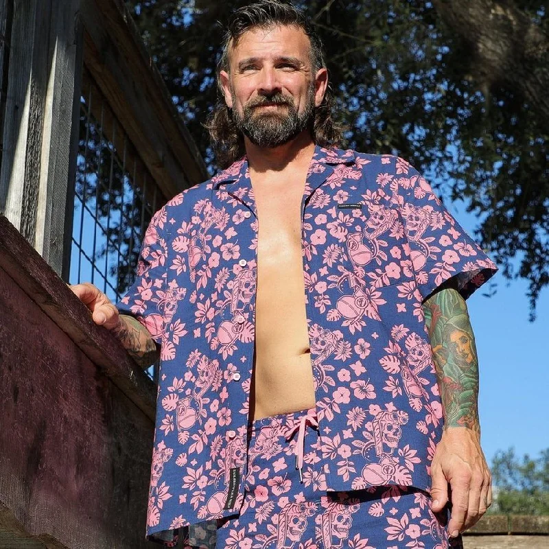 Men's Shirts with Barrel CuffsGetaway Tropical Death Button Down - Navy/Pink