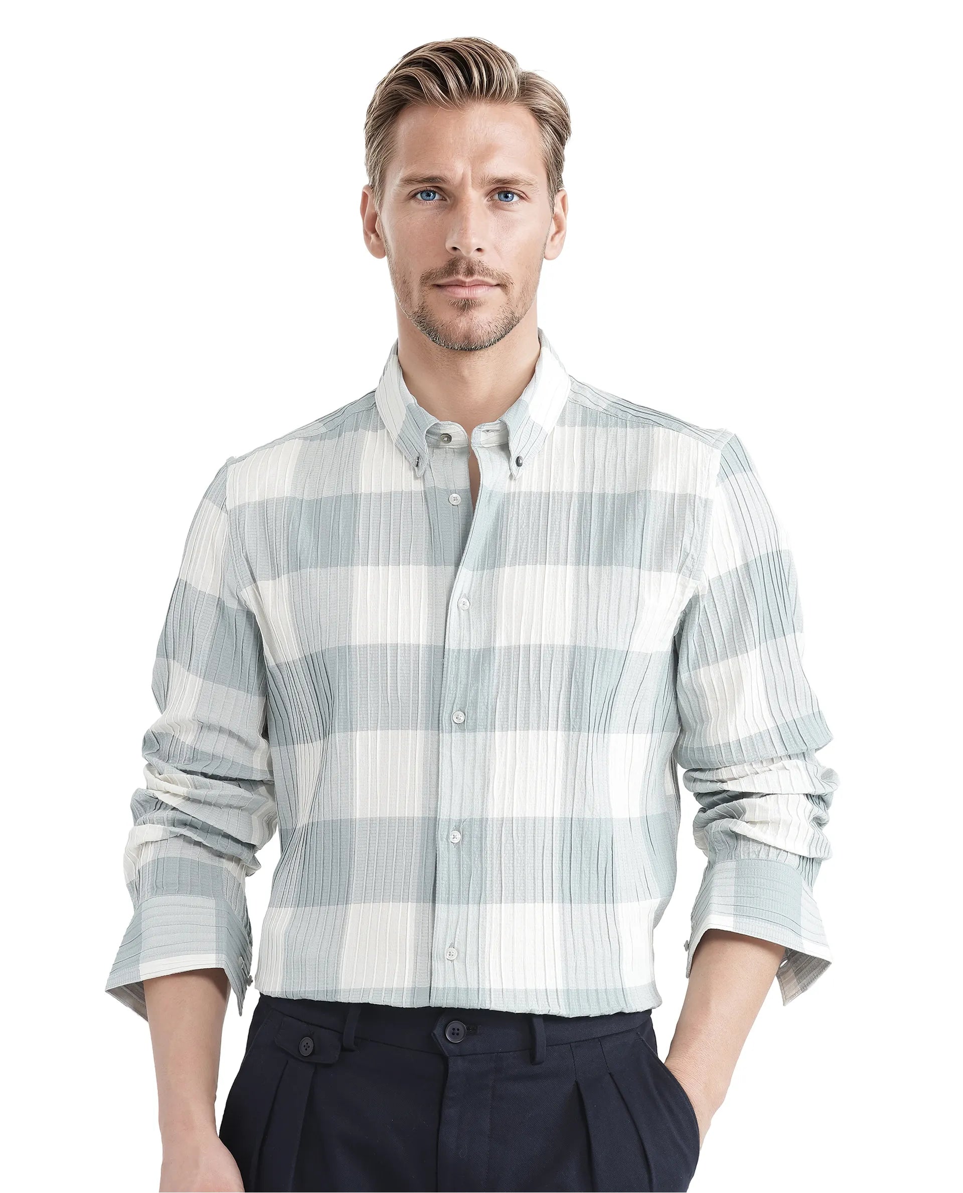 Men's Denim Shirts for a Rugged LookRare Rabbit Men's Mew Turq Cotton Fabric Full Sleeve Regular Collared Button Closure Ribbed Check Printed Shirt