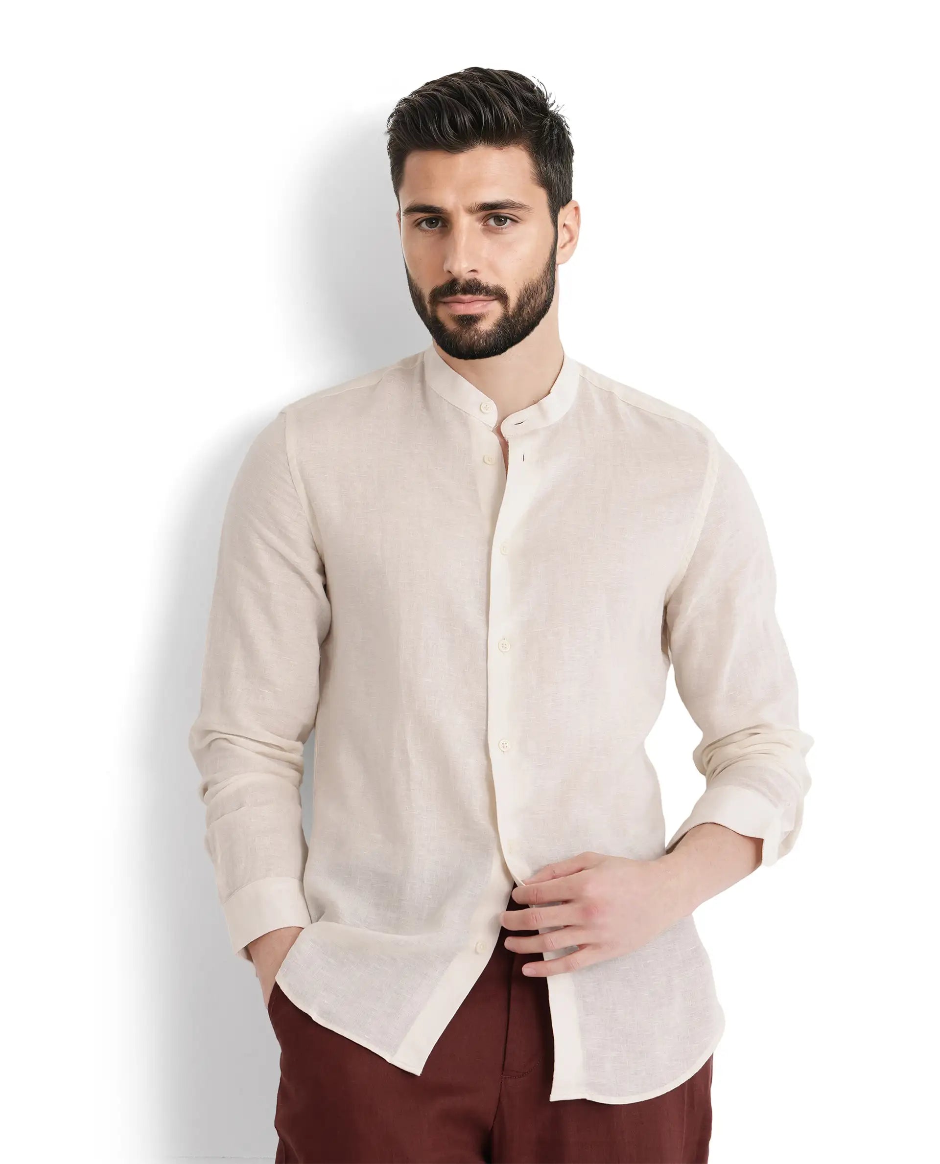 Men's Breathable Shirts for Warm ClimatesRare Rabbit Men Cinex Ls-25 Off White Linen Blend Fabric Full Sleeve Mandarin Collar Button Closure Regular Fit Plain Shirt Men's Breathable Shirts for Warm ClimatesRare Rabbit Men Cinex Ls-25 Off White Linen Blend Fabric Full Sleeve Mandarin Collar Button Closure Regular Fit Plain Shirt