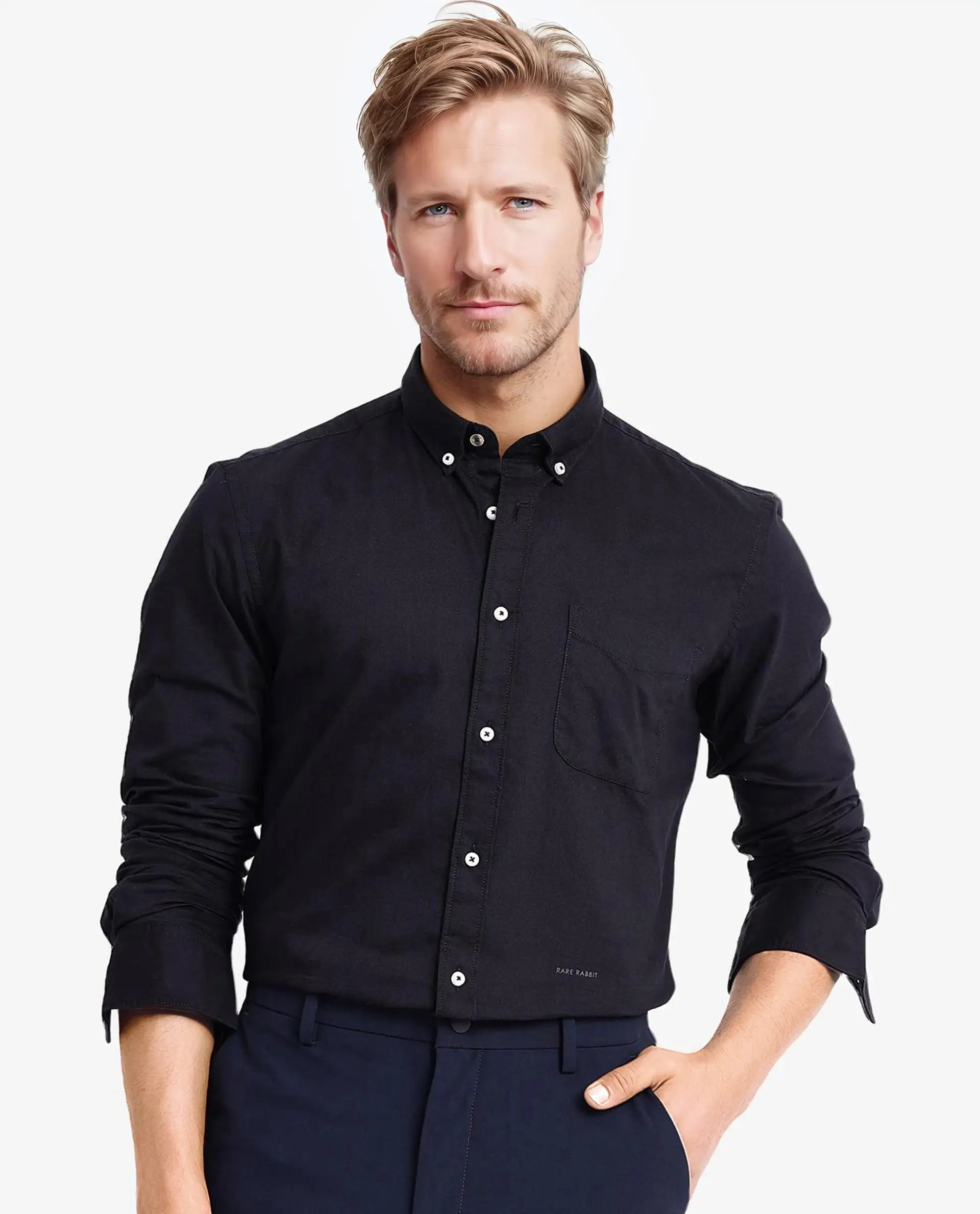 Men's Performance Fabric Shirts for All-Day ComfortRare Rabbit Men's Auxfo Black Cotton Fabric Full Sleeves Button Down Collar Solid Shirt Men's Performance Fabric Shirts for All-Day ComfortRare Rabbit Men's Auxfo Black Cotton Fabric Full Sleeves Button Down Collar Solid Shirt