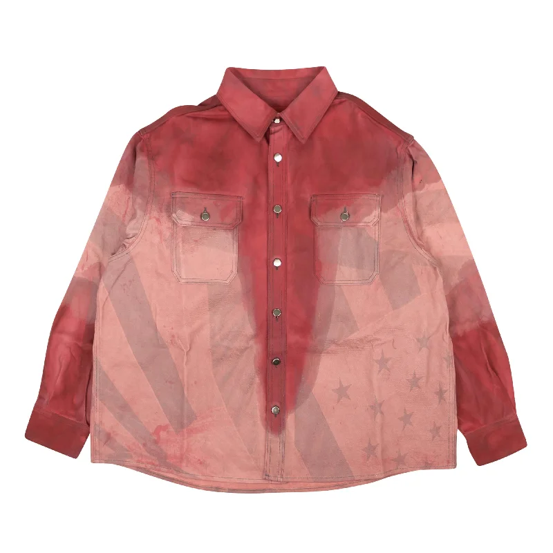 Men's Wrinkle-Free Shirts for Easy Care424 On Fairfax All Over Print Flag Denim Shirt - Red/Gray Men's Wrinkle-Free Shirts for Easy Care424 On Fairfax All Over Print Flag Denim Shirt - Red/Gray