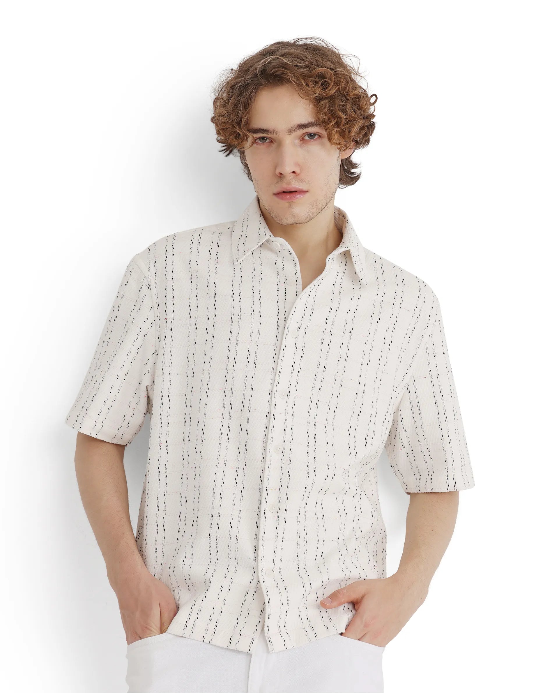 Stylish Men's Graphic T-ShirtsRare Rabbit Men's Zhet White Cotton Fabric Short Sleeve Collared Neck Button Closure Printed Shirt
