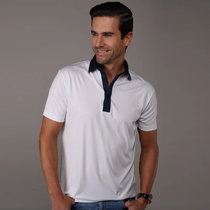 Men's Shirts with Raw-Edge HemlinesSemi-Spread Collar Polo Austin White with Navy Accent