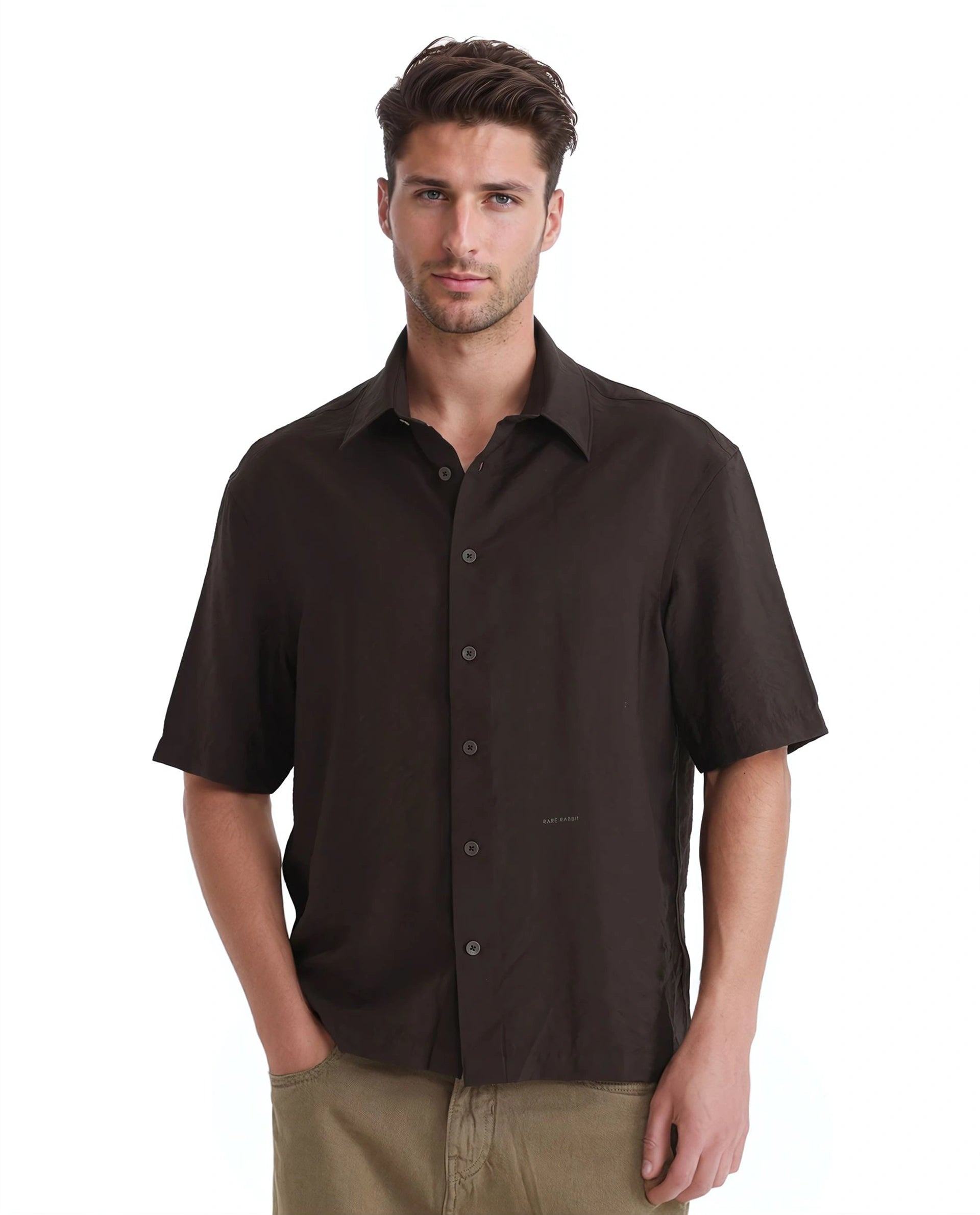 Men's Solid-Color Button-Down Shirts for VersatilityRare Rabbit Men Flo Dark Brown Viscose Nylon Fabric Short Sleeves Collared Neck Button Closure Boxy Fit Plain Shirt Men's Solid-Color Button-Down Shirts for VersatilityRare Rabbit Men Flo Dark Brown Viscose Nylon Fabric Short Sleeves Collared Neck Button Closure Boxy Fit Plain Shirt