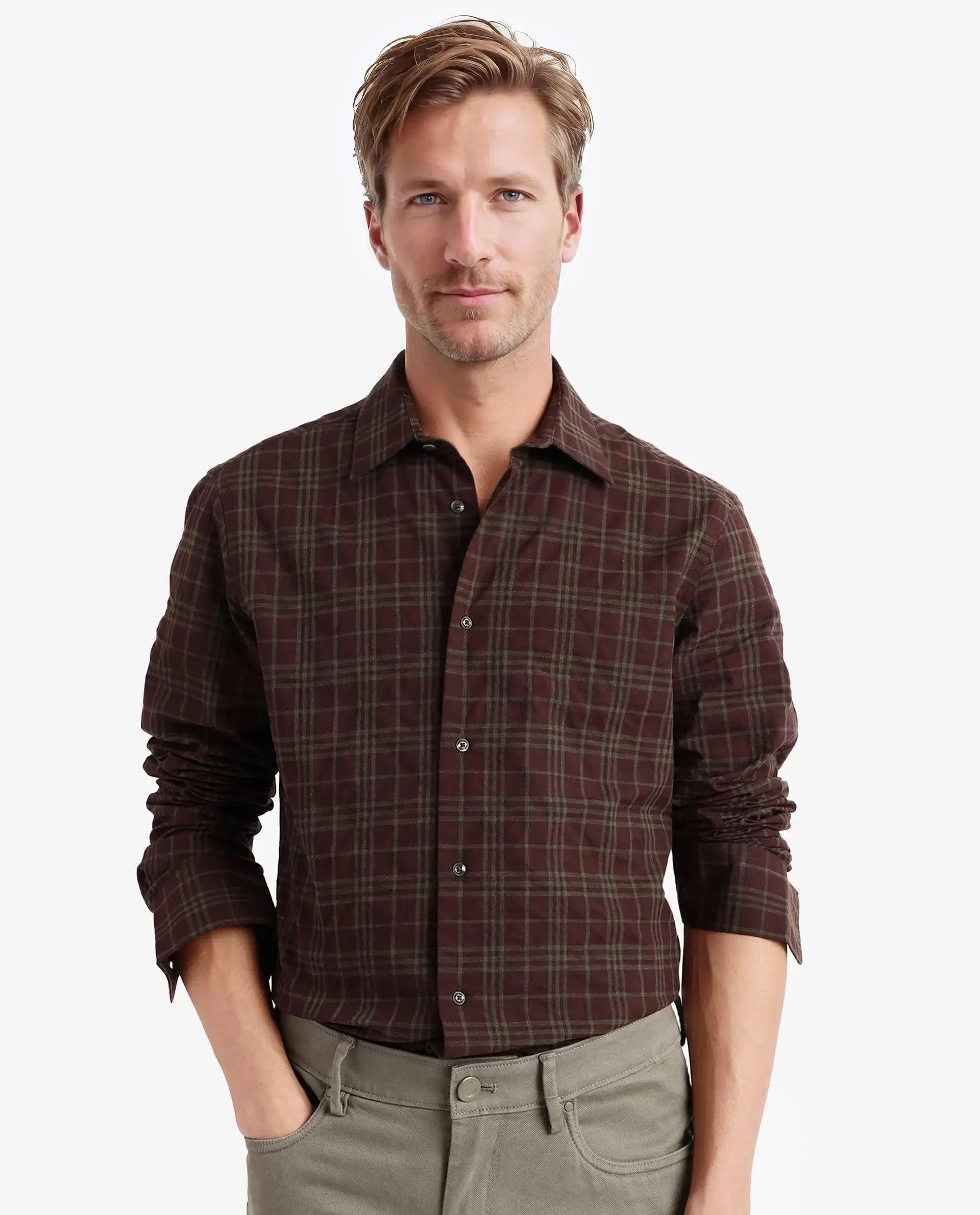 Men's Pattern-Clashing Shirts for Bold FashionRare Rabbit Men Revers Brown Cotton Fabric Regular Collar Full Sleeve Regular Fit Check Shirt Men's Pattern-Clashing Shirts for Bold FashionRare Rabbit Men Revers Brown Cotton Fabric Regular Collar Full Sleeve Regular Fit Check Shirt