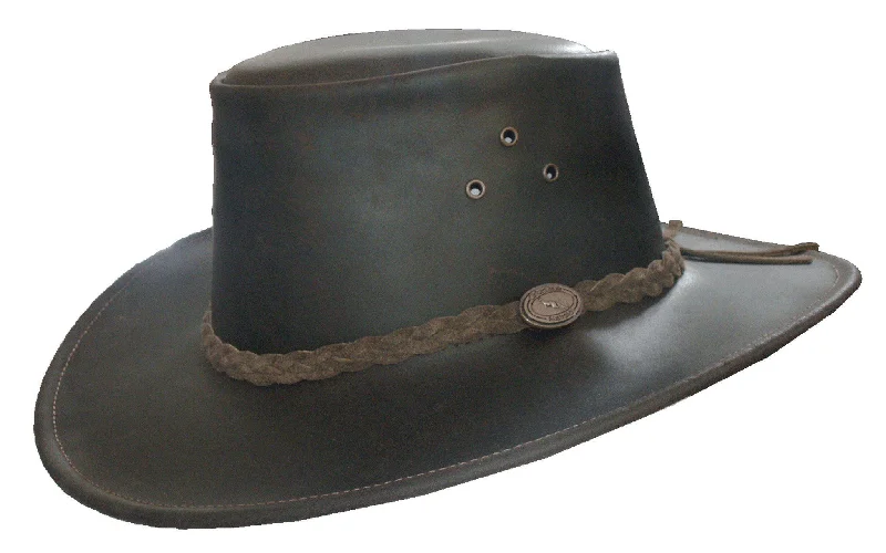 Embroidered Bucket HatsHW08 - Leather Cowhide Aussie Hat - BROWN