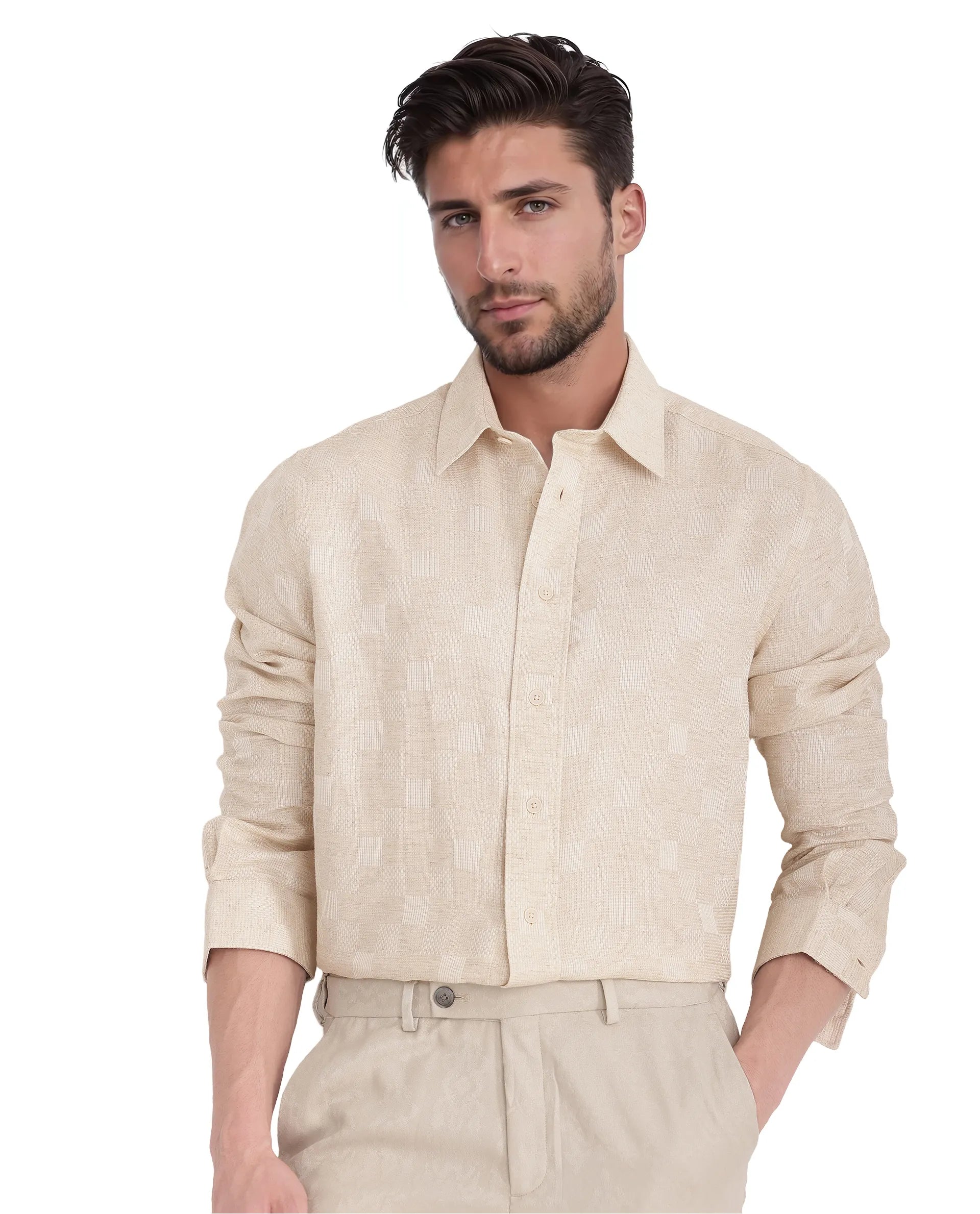 Men's Button-Down Collar Shirts for Staying PolishedRare Rabbit Men's Dob Beige Cotton Linen Fabric Full Sleeve Regular Collared Button Closure Regular Fit Check Print Shirt
