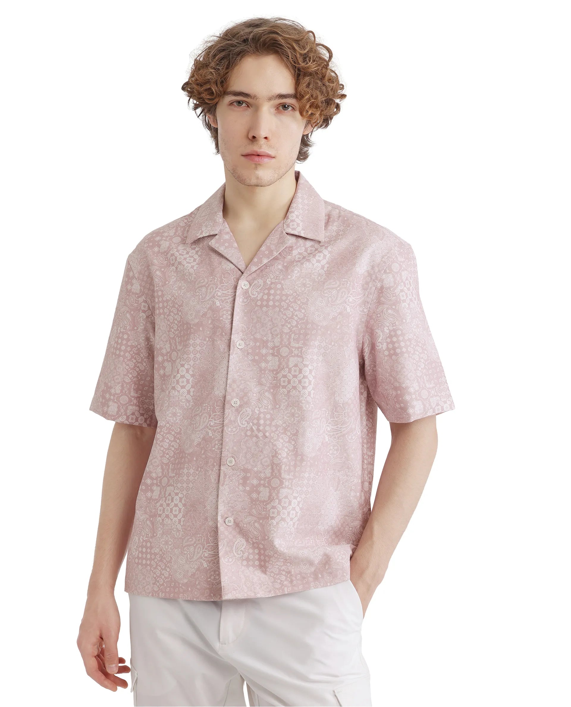 Men's Custom Dress Shirts for a Personalized FitRare Rabbit Men's Uffy Light Pink Cotton Fabric Short Sleeve Cuban Collared Button Closure Printed Shirt