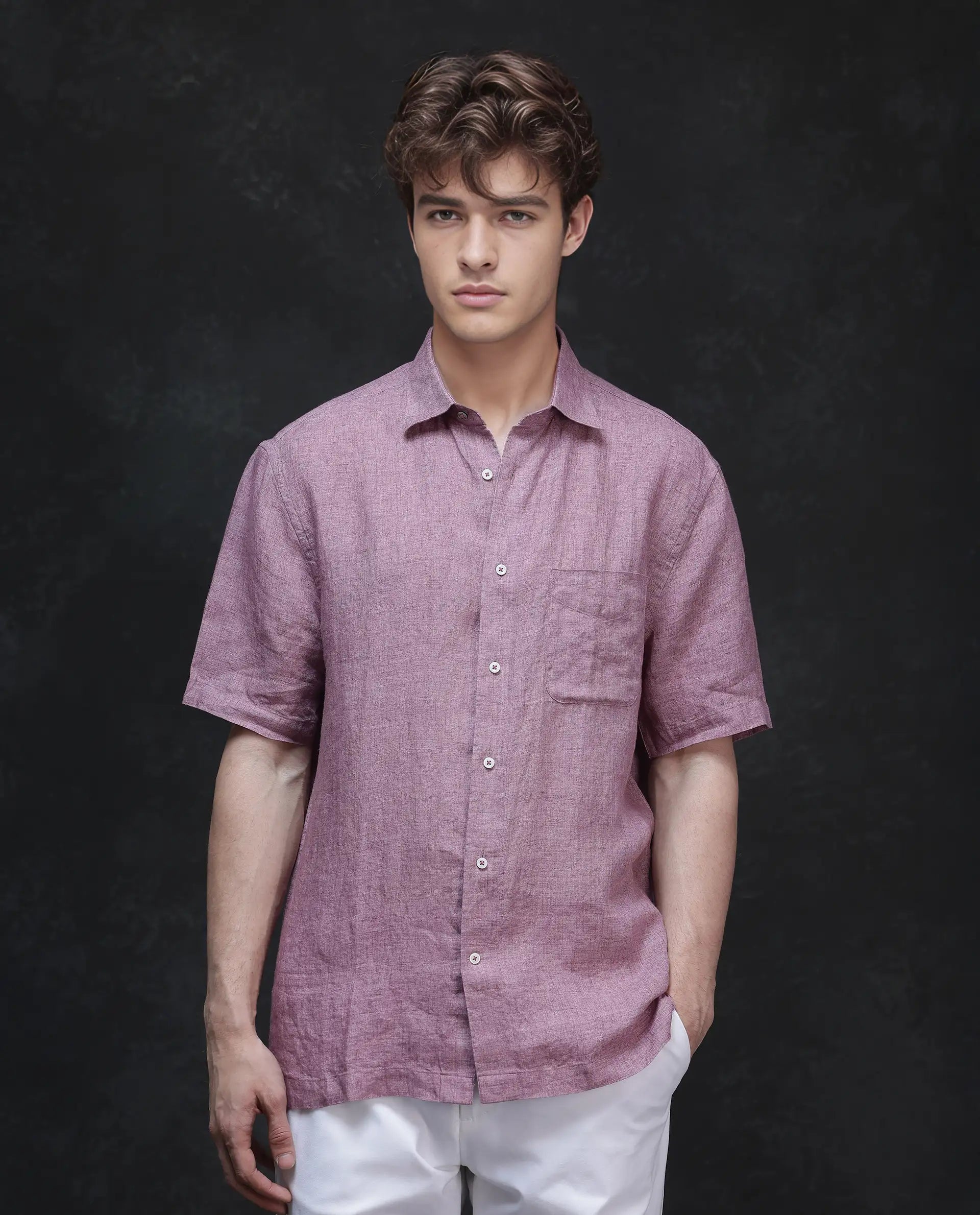 Men's Short-Sleeve Shirts for Warm WeatherRare Rabbit Men Borium Ss-25 Dusky Pink Linen Fabric Half Sleeve Regular Collared Button Closure Regular Fit Plain Shirt Men's Short-Sleeve Shirts for Warm WeatherRare Rabbit Men Borium Ss-25 Dusky Pink Linen Fabric Half Sleeve Regular Collared Button Closure Regular Fit Plain Shirt