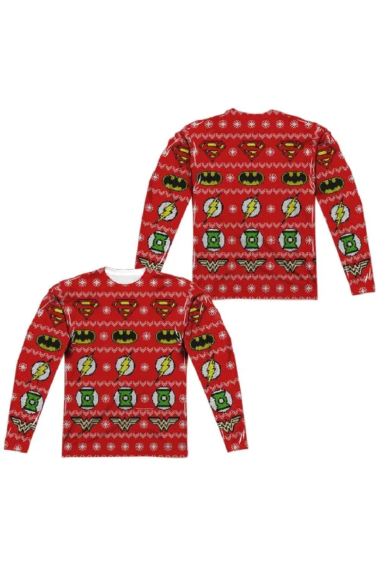 Men's Shirts with Moisture-Wicking FabricJustice League of America Sweater Of Justice (Front/Back Print) Long Sleeve Adult Poly Crew Tee / T-Shirt