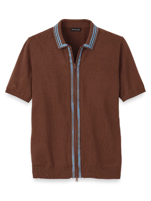 Men's Shirts with Double-Breasted DesignsCotton Full Zip Polo - Brown