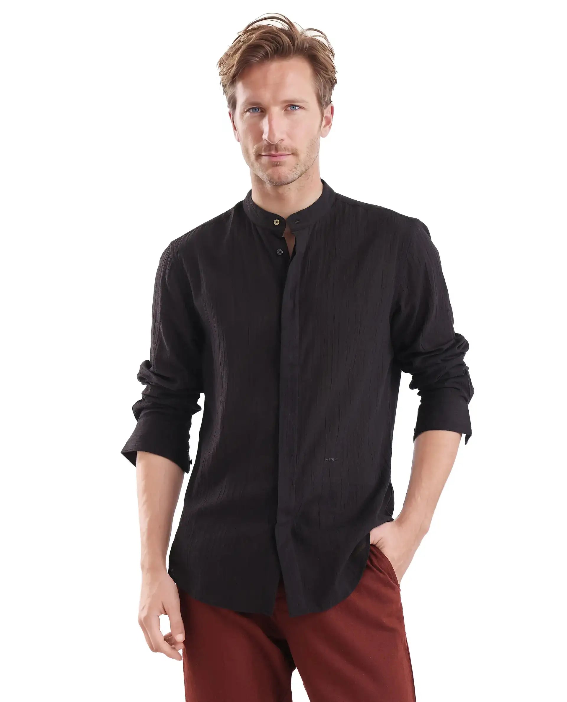 Lightweight Men's Poplin ShirtsRare Rabbit Men Crinkle-25 Black Cotton Fabric Full Sleeve Mandarin Collar Button Closure Plain Shirt Lightweight Men's Poplin ShirtsRare Rabbit Men Crinkle-25 Black Cotton Fabric Full Sleeve Mandarin Collar Button Closure Plain Shirt