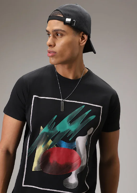 Men's Shirts with Single-Breasted DesignsBlack Printed T-Shirt
