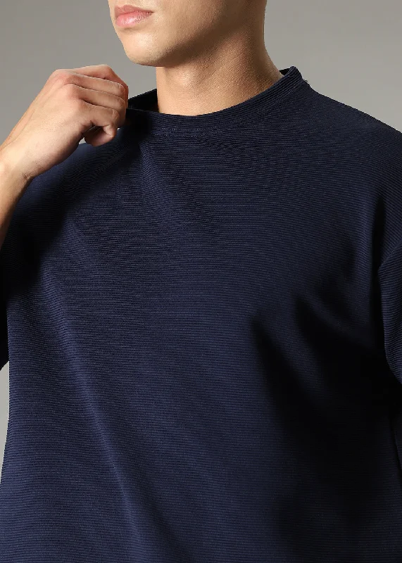 Casual Men's T-ShirtsOversized Navy Blue Textured T-shirt