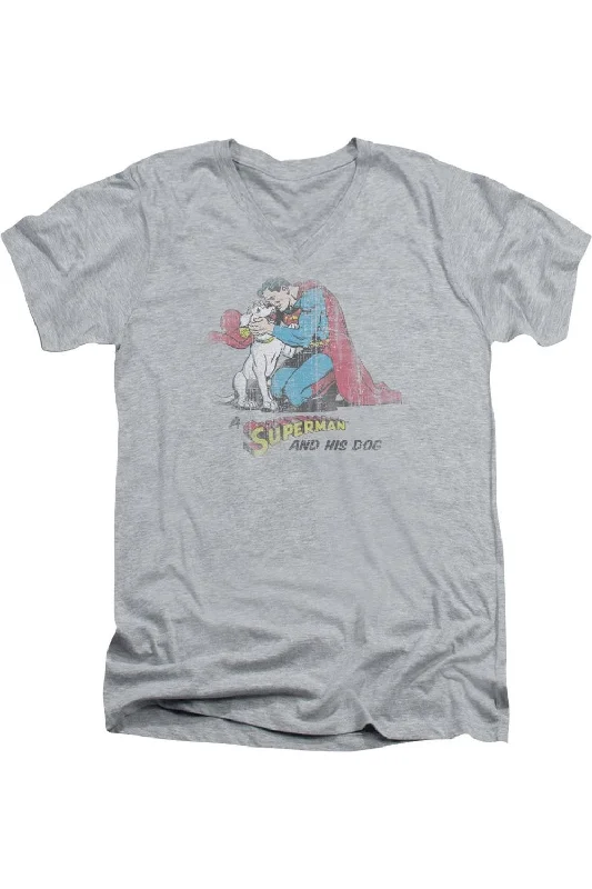 Men's Shirts with Graphic SleevesSuperman And His Dog Short Sleeve Adult V Neck Tee / T-Shirt Men's Shirts with Graphic SleevesSuperman And His Dog Short Sleeve Adult V Neck Tee / T-Shirt