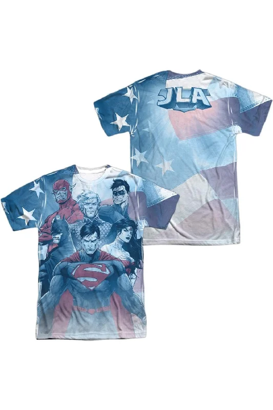 Men's Shirts with Logo EmbossmentsJustice League of America United (Front/Back Print) Short Sleeve Adult Poly Crew Tee / T-Shirt Men's Shirts with Logo EmbossmentsJustice League of America United (Front/Back Print) Short Sleeve Adult Poly Crew Tee / T-Shirt