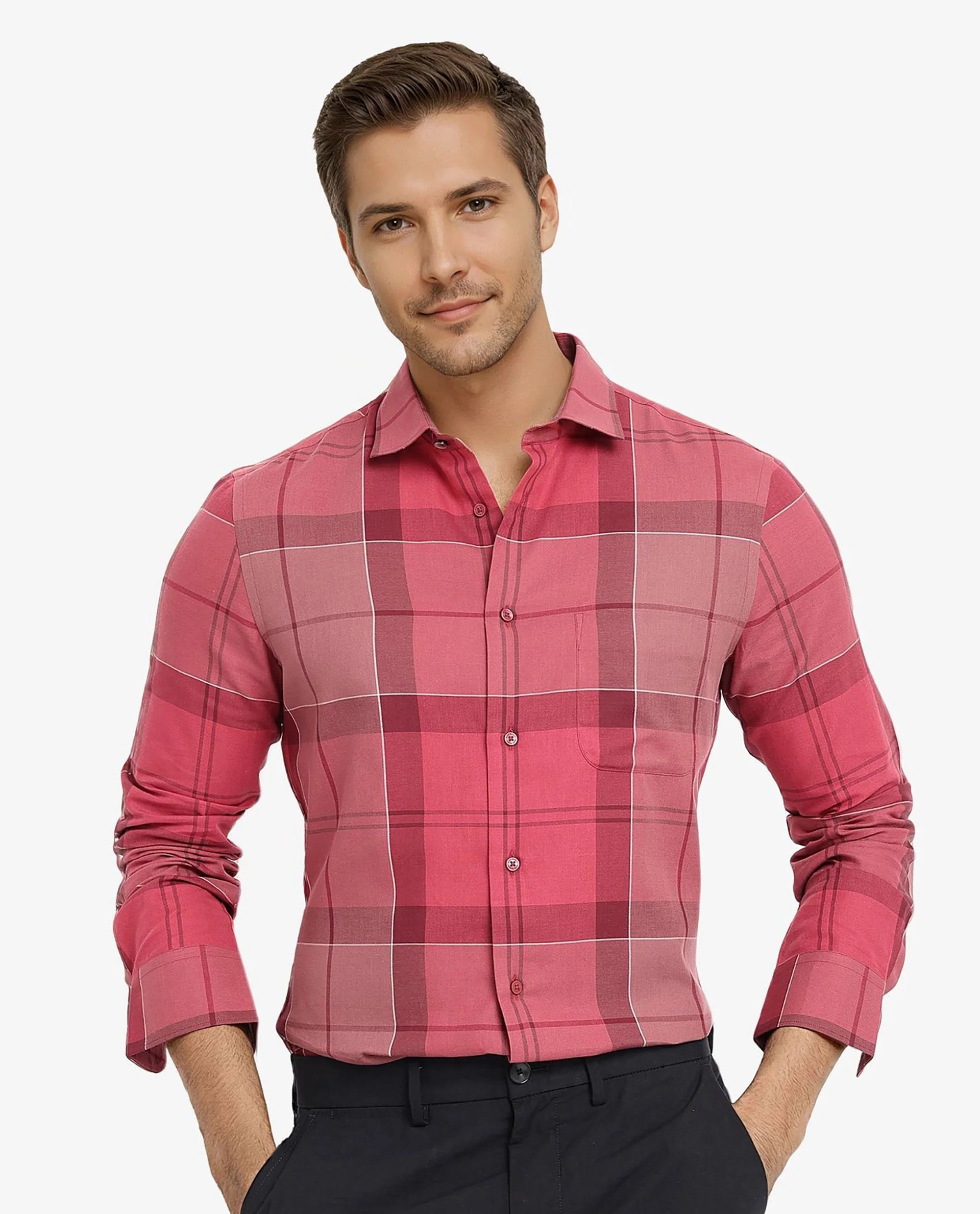 Men's Travel Shirts for Easy PackingRare Rabbit Men John Red Full Sleeve Regular Collar Button Closure Regular Fit Checks Shirt