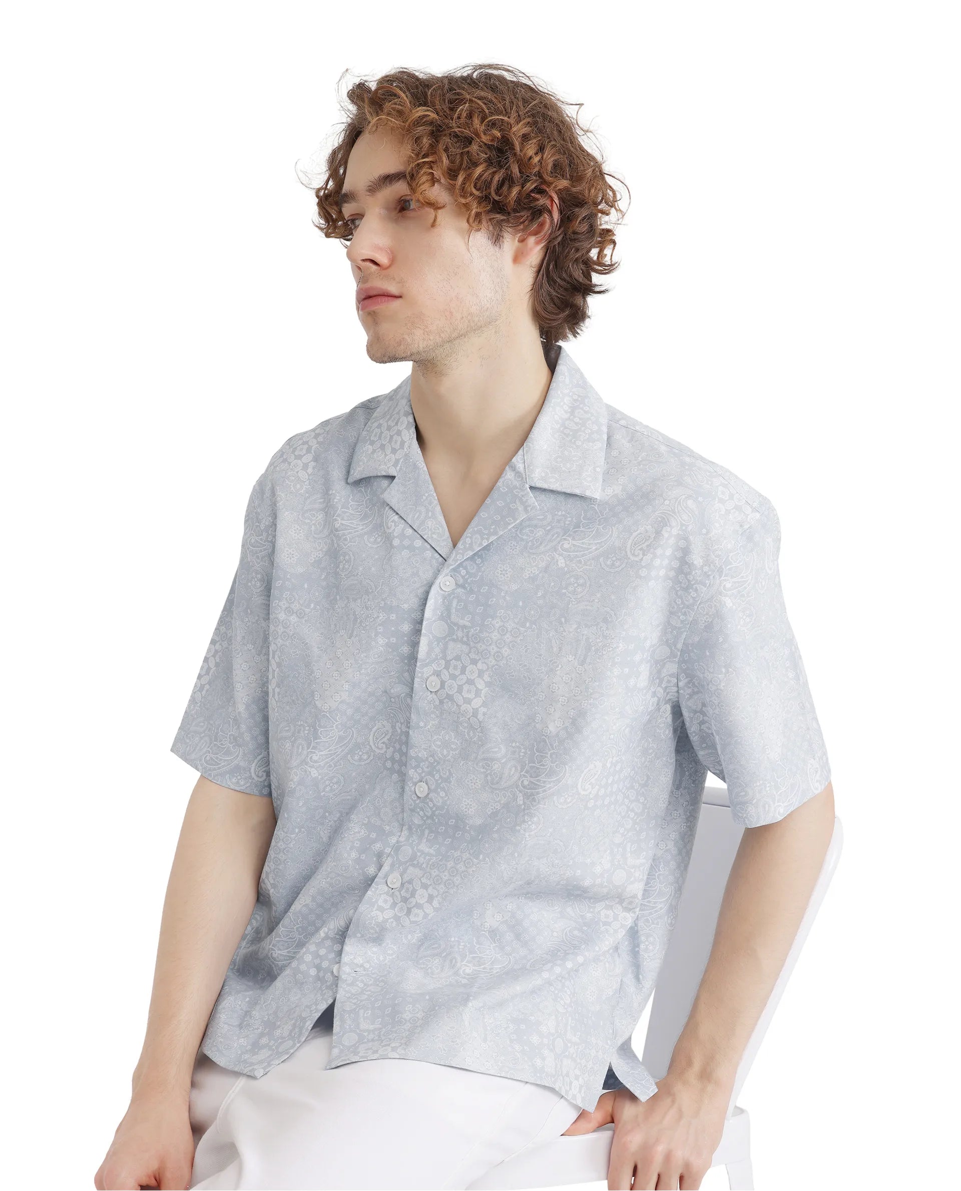 Men's Dressy Button-Down Shirts for Formal OccasionsRare Rabbit Men's Uffy Light Blue Cotton Fabric Short Sleeve Cuban Collared Button Closure Printed Shirt