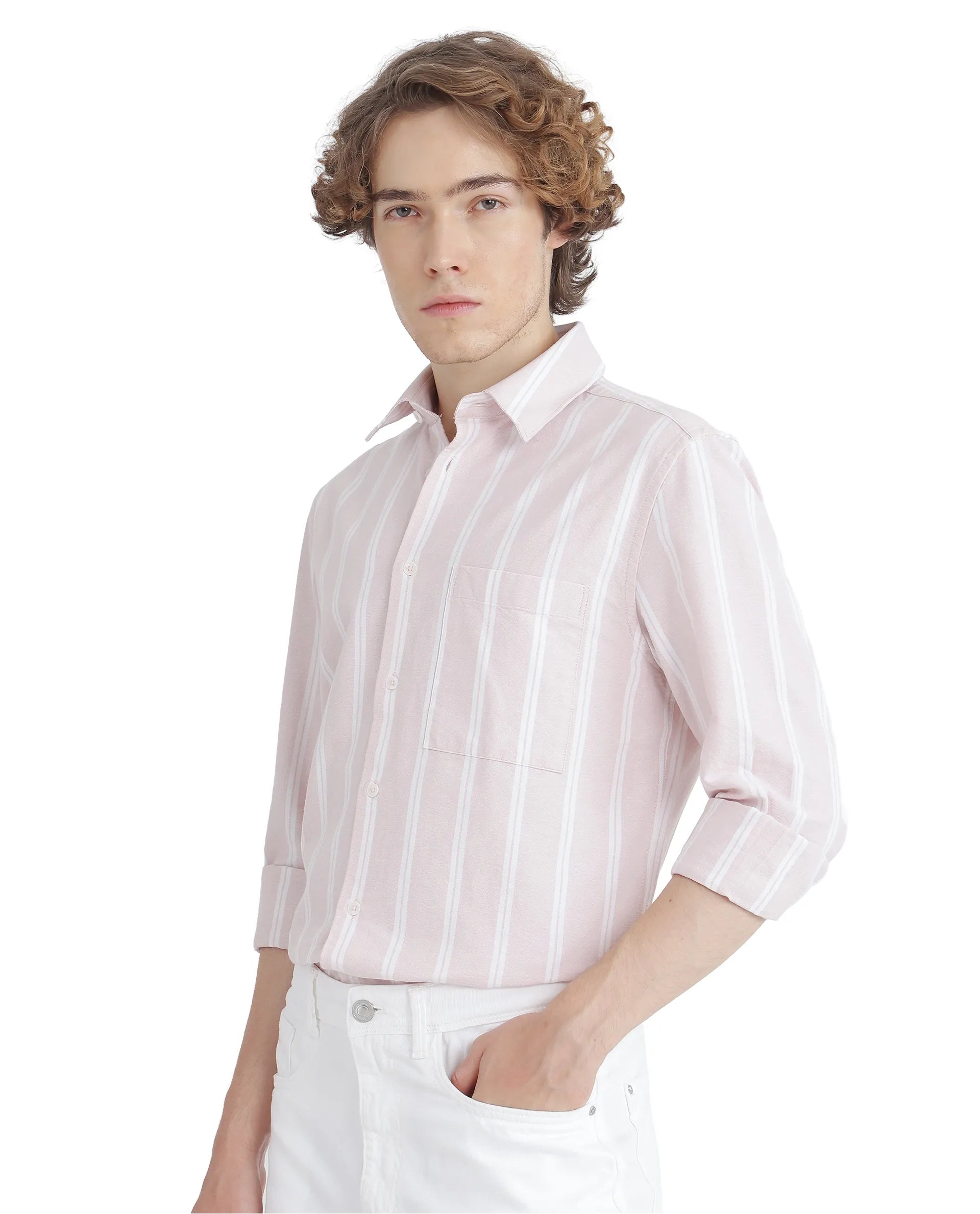 Men's Monochrome Shirts for a Minimalist VibeRare Rabbit Men's Tickop Light Pink Cotton Fabric Full Sleeve Regular Fit Stripe Printed Shirt