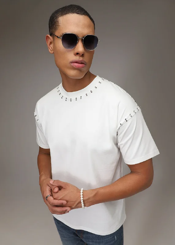 Men's Shirts with Belt AttachmentsWhite Embellishment Oversized T-shirt