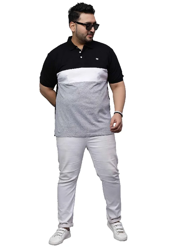 Breathable Men's Mesh TopsBlack Triple Striped Plus Size Polo T-shirt
