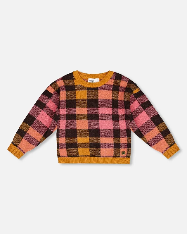Patterned Men's Fair Isle SweatersKnit Top Plaid Magenta And Brown
