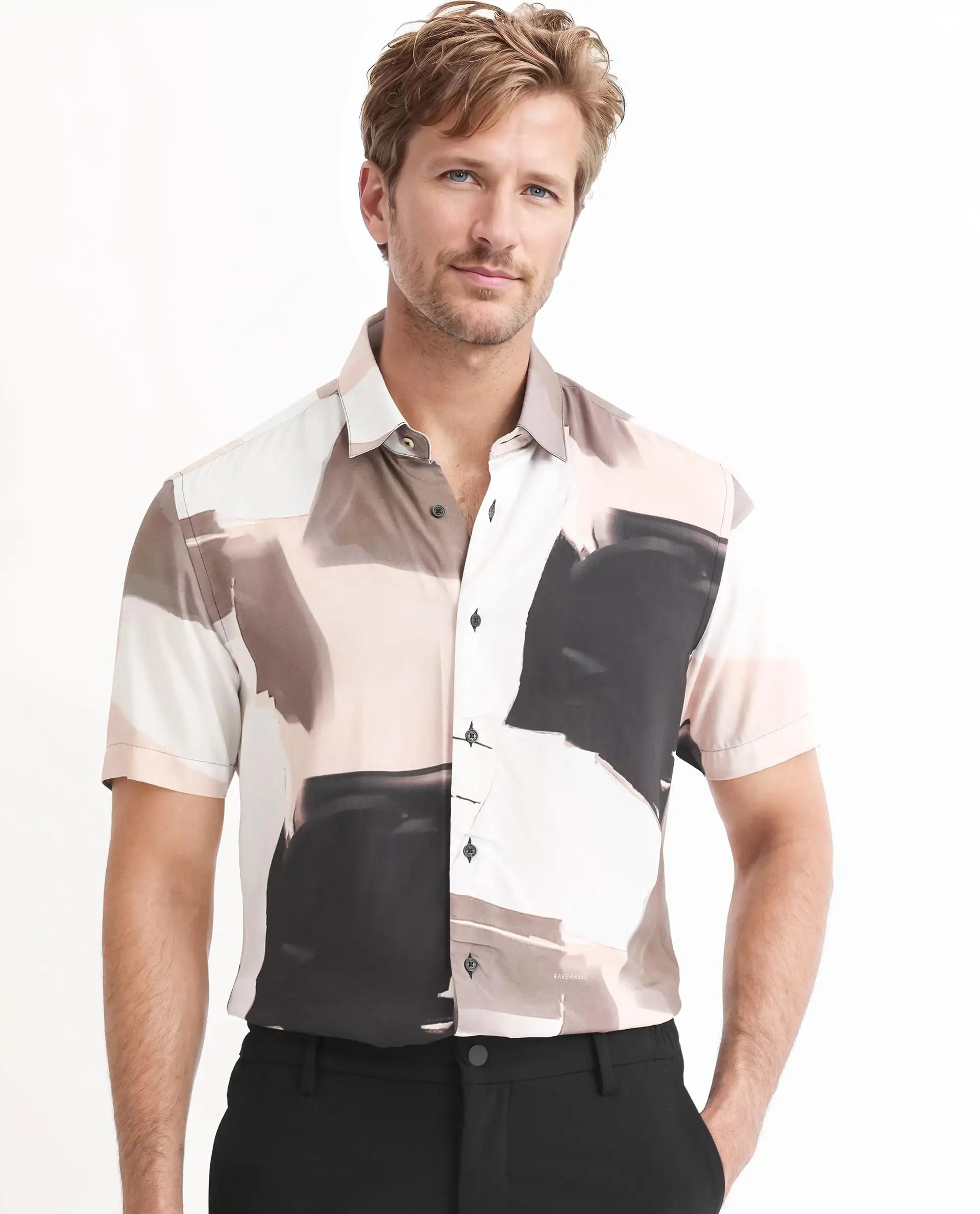 Men's Golf Shirts for On-Course StyleRare Rabbit Men's Canvas Beige Viscose Fabric Collared Neck Half Sleeves Abstract Print Shirt