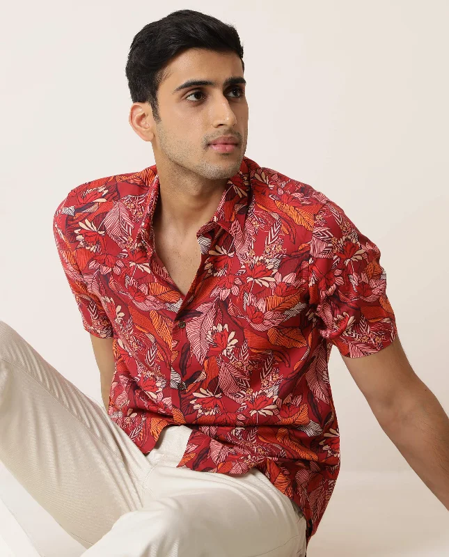 Men's Camping Shirts for Outdoor AdventuresRare Rabbit Men's Sinn Dark Red Viscose Fabric Floral Print Half Sleeves Shirt Men's Camping Shirts for Outdoor AdventuresRare Rabbit Men's Sinn Dark Red Viscose Fabric Floral Print Half Sleeves Shirt