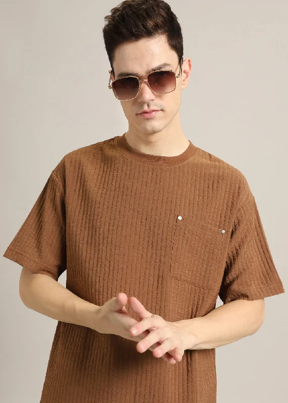 Men's Shirts with Pin CollarsBrown Textured Oversized T-shirt