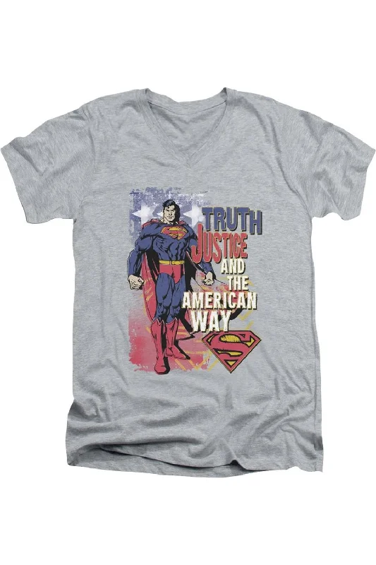 Solid-Colored Men's ShirtsSuperman Truth Justice Short Sleeve Adult V Neck Premium Cotton Tee / T-Shirt Solid-Colored Men's ShirtsSuperman Truth Justice Short Sleeve Adult V Neck Premium Cotton Tee / T-Shirt