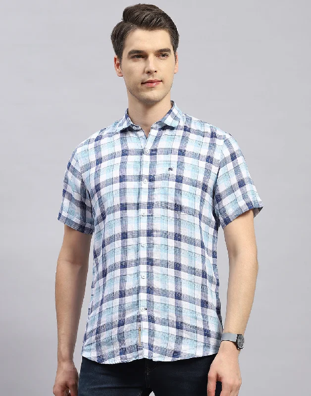 Men Blue Check Collar Half Sleeve Shirt